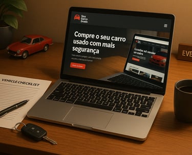 Setup de trabalho com notebook exibindo o blog Seu Carro Usado e logo azul ao centro