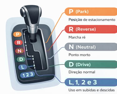 como dirigir carro automatico explicação das marchas PRND do câmbio automático