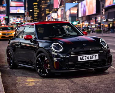 Mini Cooper JCW preto com detalhes vermelhos em Times Square à noite