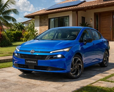 Nissan Versa 2027 azul em ambiente residencial moderno