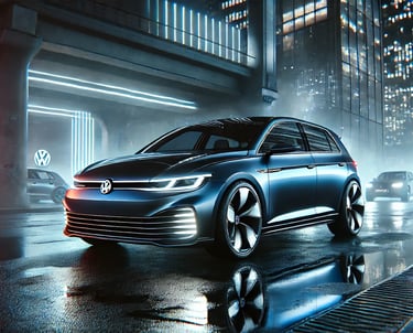 Novo Volkswagen Golf Mk9 conceito com design futurista em cenário urbano noturno