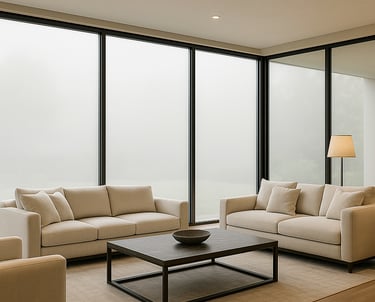 Pellicole LCD oscuranti installate su vetrate di un salotto elegante in una villa moderna