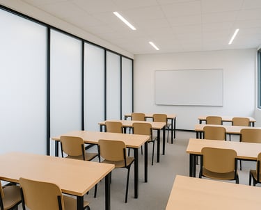 Aula luminosa con pareti in vetro dotate di pellicola LCD opacizzante, spazio formativo moderno