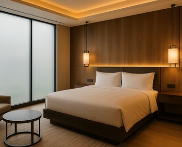 Pellicola LCD attiva su parete in vetro di una suite d’hotel, con privacy istantanea e design modern