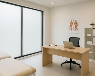 Open space direzionale con pareti in vetro opacizzate da pellicola LCD, arredamento moderno