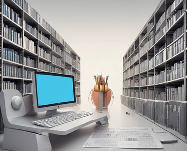 A small, white humanoid robot with blue accents, including eyes, mouth, and a circular badge with the letters 'AI' on its chest, is positioned in front of a blue laptop on a metallic surface. The robot has a simple, smooth design with two cylindrical arms and a small antenna on top.