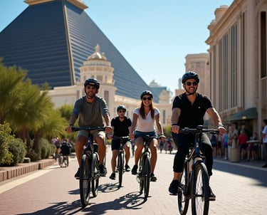 a tour group exiting their hotel property riding electric bikes 