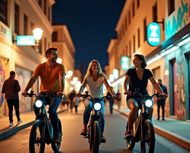 a man and woman riding electric bikes down main street at night time