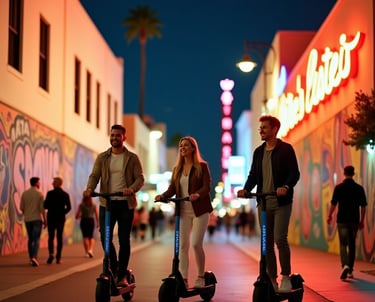 a tour guide takes a married couple on an e-scooter tour at night
