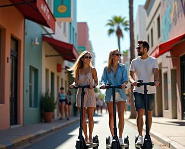 two tourists and a tour guide riding e-scooters in tourists areas on a sunny day