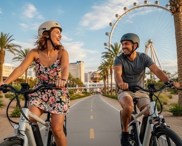 a happy couple take an e-bike-tour at the high roller