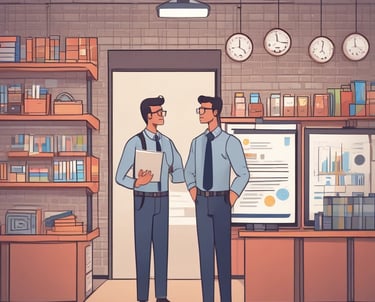 A dimly lit storage room filled with shelves and various office supplies. There are boxes, binders, and paper rolls placed on different racks. A large photocopy machine is visible in the center of the room, surrounded by other electronic equipment. The lighting is primarily fluorescent, casting a purple hue throughout the space.