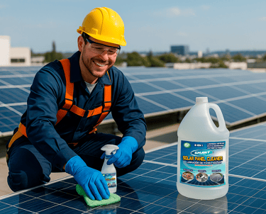 a man in a yellow safety vest cleaning a solar paneled roof