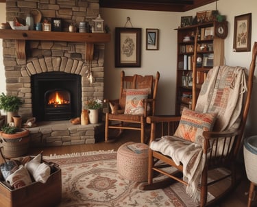 a living room with a rocking chair and a fireplace