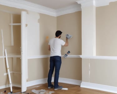 A dimly lit room under renovation, featuring unfinished plaster walls and a large central window with sheer curtains. A refrigerator stands in front of the window, surrounded by various items, including shelving and stacked boxes. Exposed plaster and red paint remnants are visible around the windows.