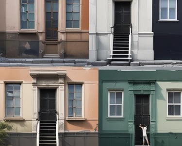 An unfinished room with exposed brickwork on the left, partially plastered walls, and construction materials scattered across the floor. A large window at the far end provides natural light. Tools and buckets are present, suggesting ongoing renovation work.