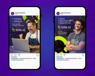 Duas telas de smartphone exibem posts da bite.ai, com empreendedores de avental, textos promocionais