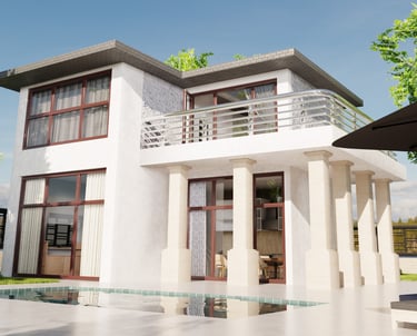 a house with a pool and a patio umbrella