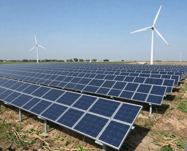 Large wind turbines are standing on rolling hills under a cloudy sky. The landscape is expansive, with the turbines evenly spaced across the terrain, suggesting a focus on renewable energy.