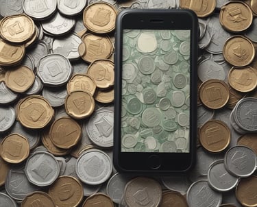 A person holding a smartphone with a financial application open on the screen, standing outside a modern glass building. The background shows a plaza with trees and pedestrians.