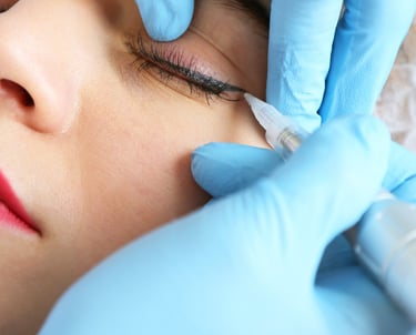 a permanent makeup artist holding a PMU machine next to a pigment ring, illustrating the pre