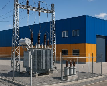 Uma Subestação de Energia Elétrica próxima a um galpão industrial.