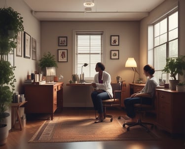 A chain-link fence encloses an area with a brick building to the right, labeled as a mental health facility. In the center, there is a small, bright yellow kiosk or shed with a green roof. The area is grassy with a dirt path leading towards the kiosk, and several trees provide greenery in the background. The sky is clear with a few scattered clouds, suggesting pleasant weather.