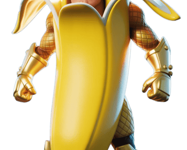 a man in a golden helmet and a banana peeler