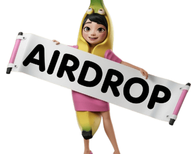 a woman in a banana peel costume holding a sign that says airdrop