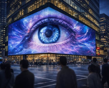 Giant digital billboard showing a cosmic eye on a modern glass office building at a busy city intersection.