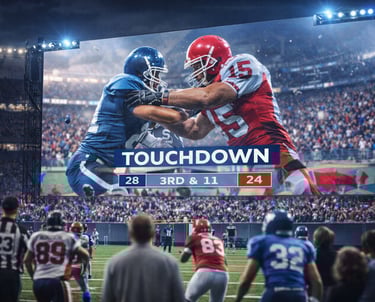 A live football game broadcast on a stadium jumbotron showing a touchdown during a 3rd down play.