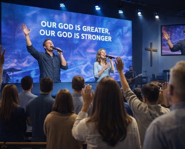 Contemporary church worship service with a band singing on stage and a congregation raising hands in prayer.