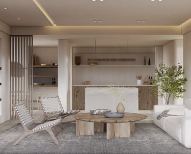 Contemporary living space featuring a cozy white sectional sofa with a textured finish, paired with a rustic wooden coffee ta