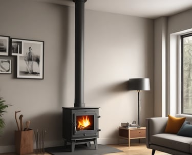 Un poêle à bois moderne avec un conduit noir, placé dans un salon lumineux.