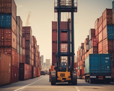 Stacks of bright orange shipping containers with the Hapag-Lloyd logo are arranged against a dark, overcast sky, creating a striking contrast. The containers are aligned neatly, showcasing international trade and logistics.