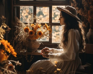 a woman in a white dress and hat sitting at a table