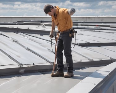 A person wearing a red helmet is suspended on ropes, cleaning or inspecting the glass windows of a modern high-rise building. The building features a grid of reflective blue glass panels, and the sunlight creates intricate patterns and shadows on the surface.