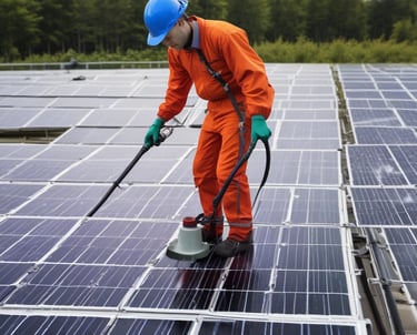 A person wearing a red helmet is suspended on ropes, cleaning or inspecting the glass windows of a modern high-rise building. The building features a grid of reflective blue glass panels, and the sunlight creates intricate patterns and shadows on the surface.