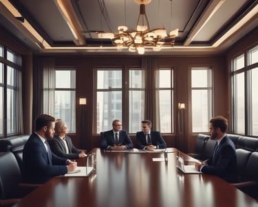 a group of men in suits and ties sitting around a table