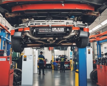 A taxi undergoing a vehicle fitness test at a testing center.
