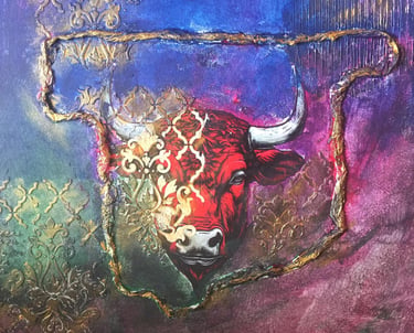 Mixed media bull art featuring a red bull head with gold filigree and textured purple canvas.