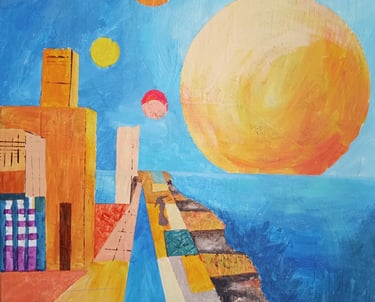 Abstract oil painting of a coastal city with colorful buildings and multiple suns over a blue ocean.