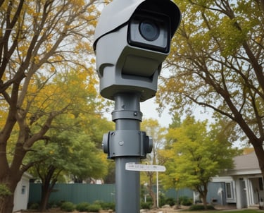 A security camera with two antennas is mounted on a structure. The camera is branded with the name 'Imou' and is connected to a black mounting plate. Background includes a parked car, a building, and green foliage.