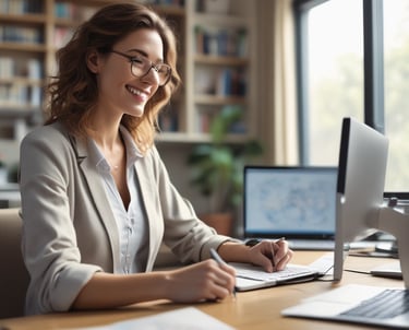 A clean workspace with a laptop and a notepad on a blue background.