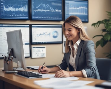 A clean workspace with a laptop and a notepad on a blue background.