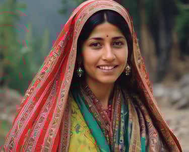 A woman dressed in traditional Indian attire with intricate jewelry holds a colorful statue of Lord Ganesha. She stands in an outdoor setting with a blurred background of greenery and buildings. Her attire includes a vibrant saree with red and gold patterns.