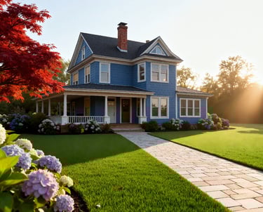 a light blue house with a beautiful landscaped yard