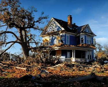a house and yard that is severely damaged by a storm, debris everywhere