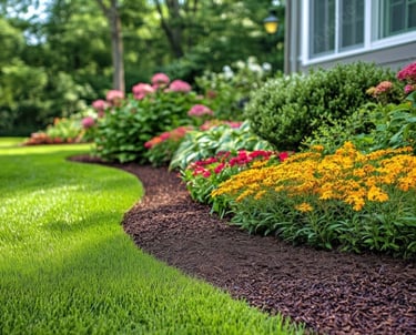 a beautiful lawn and flower bed with flowers