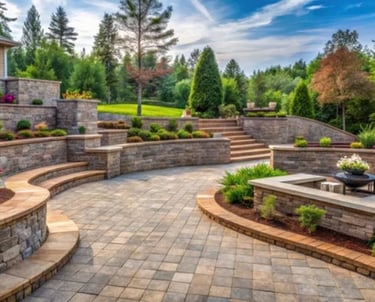 a paved level with multi-terraces, steps and plants